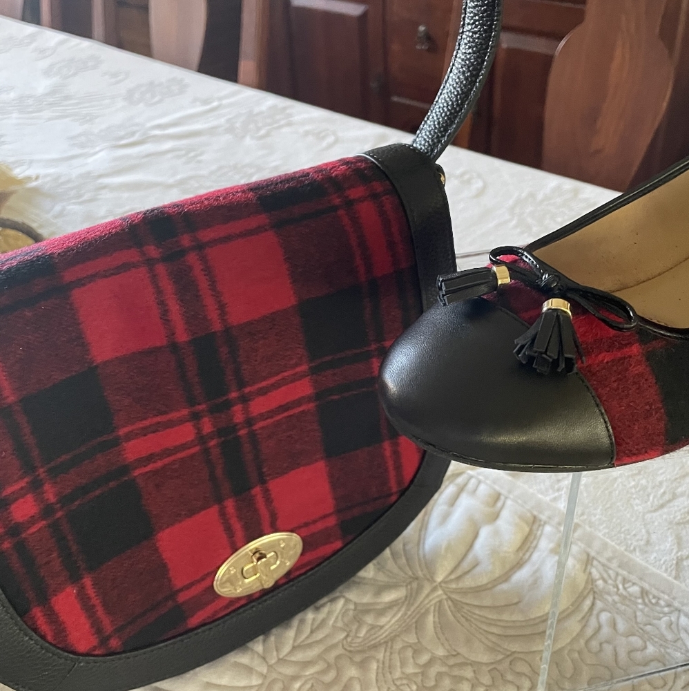 Talbots Red and Black Plaid Saddle Bag with detachable shoulder strap.